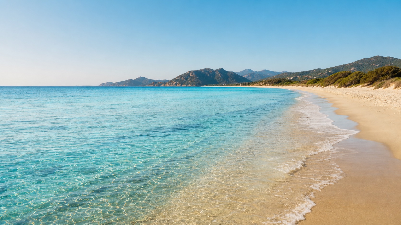 Heller Sandstrand und tuerkisfarbenes Meer bei Costa Rei auf Sardinien